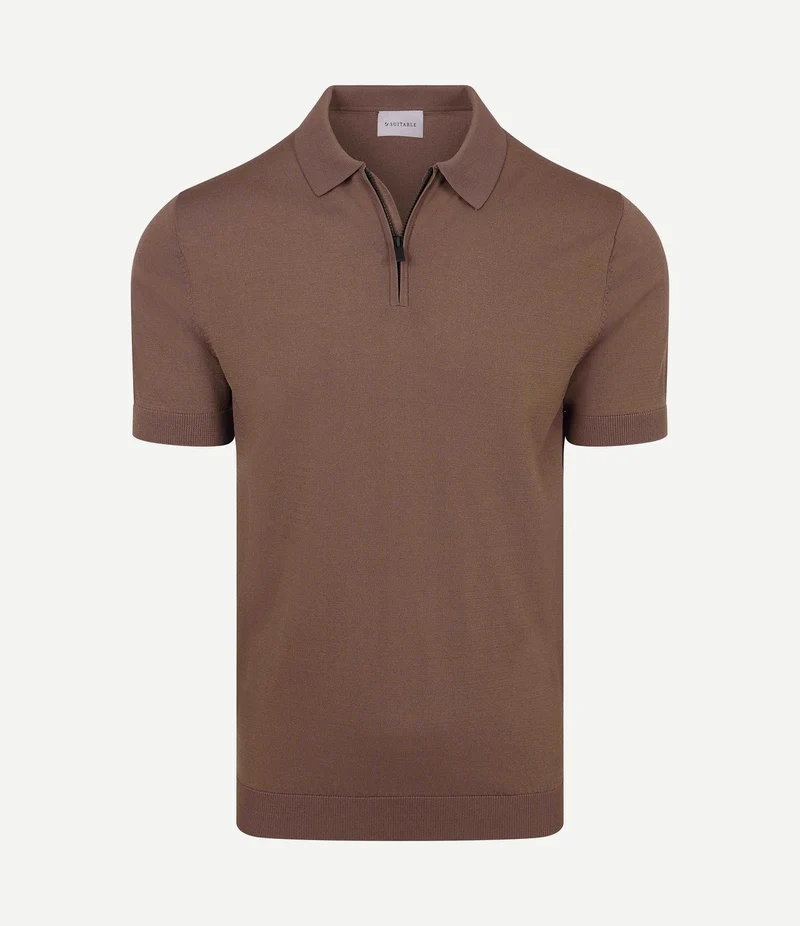 Knitted halve rits polo dan tabacco