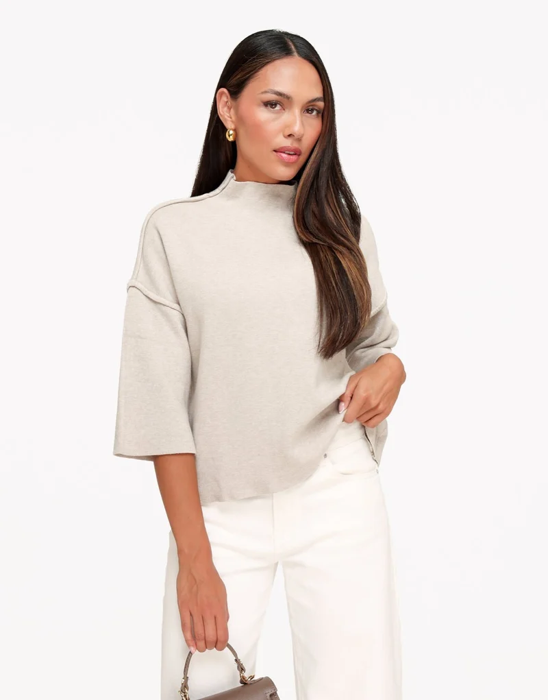Taupe Basic Hoge Hals 3/4 Mouwen - Top