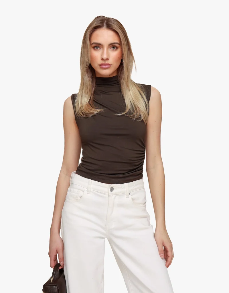 Bruine Geplooide Col SS - Top