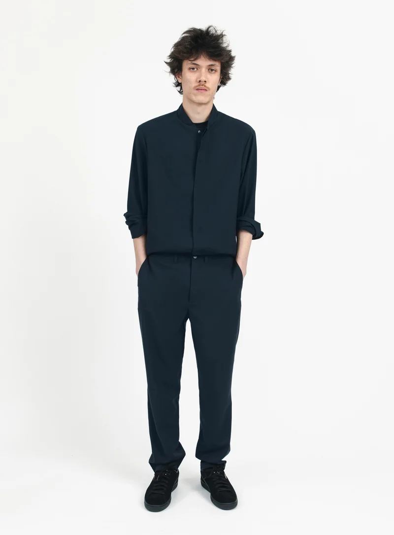Pants with Inlayed Waistband in Navy Blue Serge