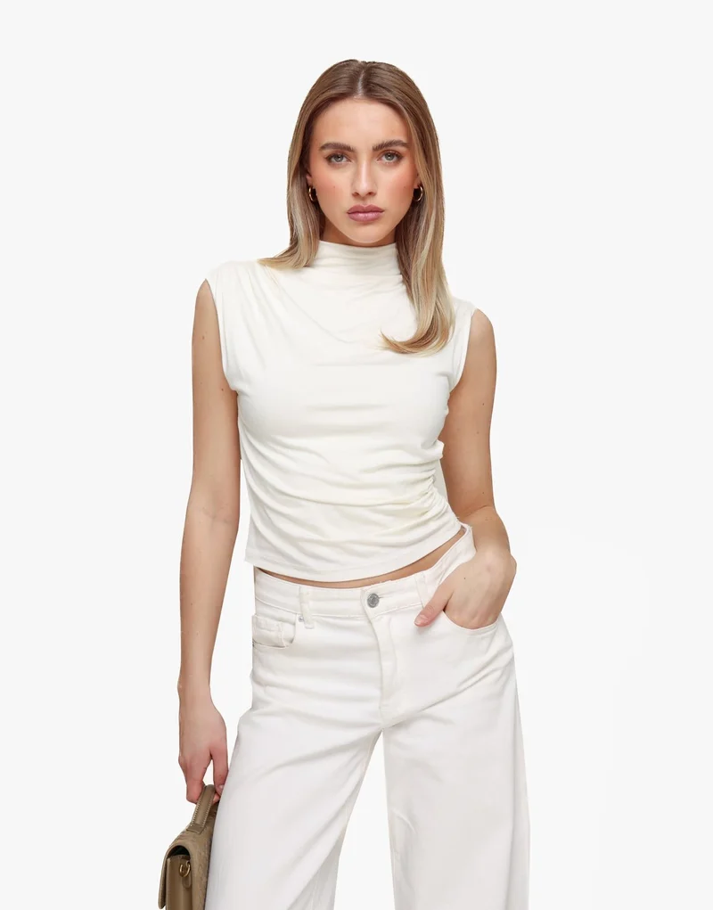 Creme Geplooide Col SS - Top