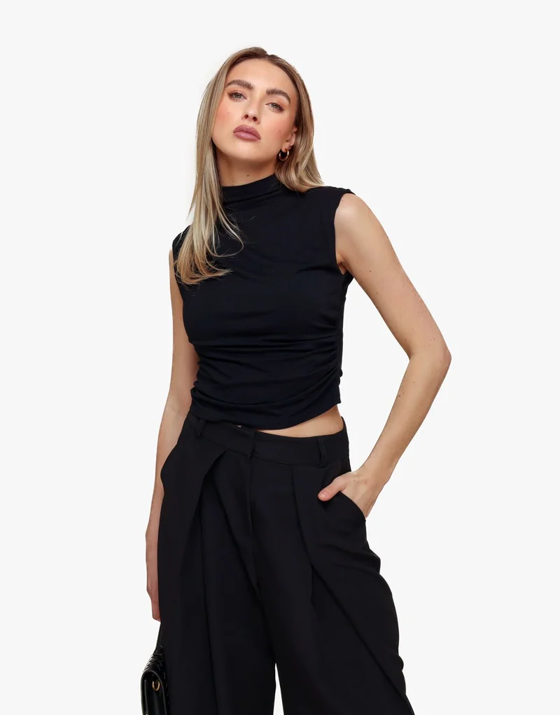 Zwarte Geplooide Col SS - Top