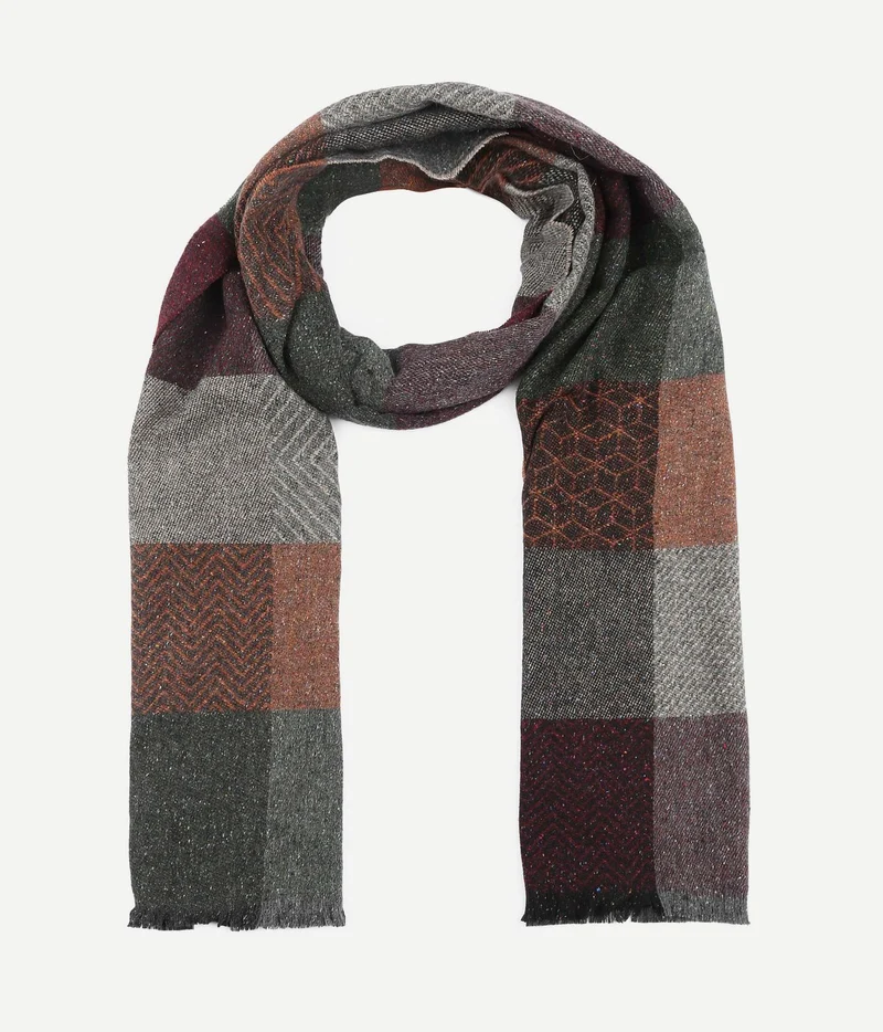Suitable herensjaal wolmix cubes groen rood grijs
