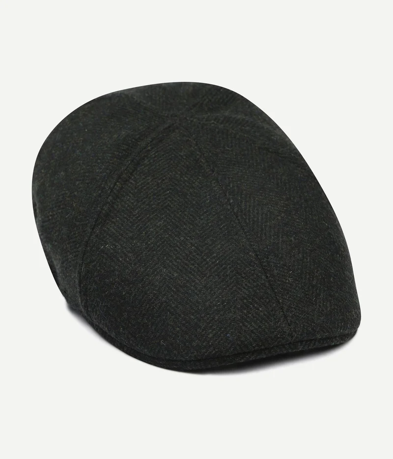 Flat cap wool herringbone donkergroen