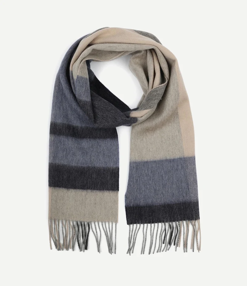 Sjaal wol colourblock blauw grijs beige