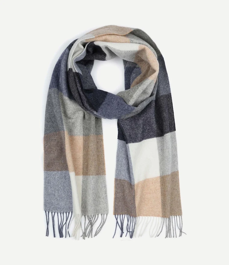 Sjaal wol ruiten blauw grijs beige
