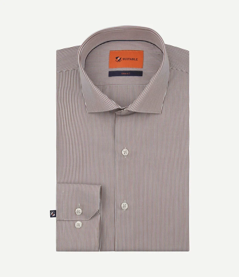 Twill overhemd extra lange mouw streep bruin