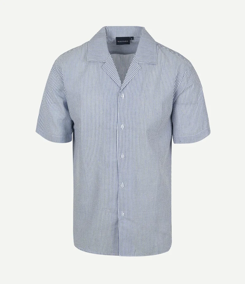 Short sleeve overhemd stripe seersucker lichtblauw
