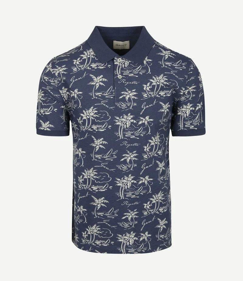 Poloshirt palm print dusty donkerblauw