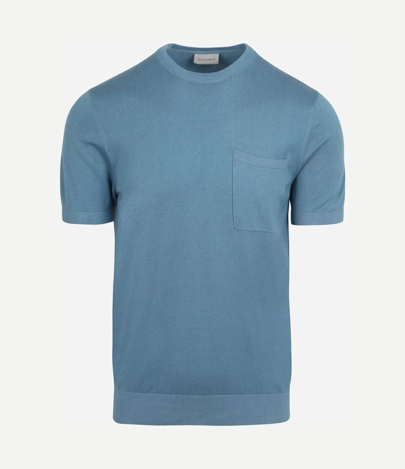 Knitted t-shirt pocket compact blauw