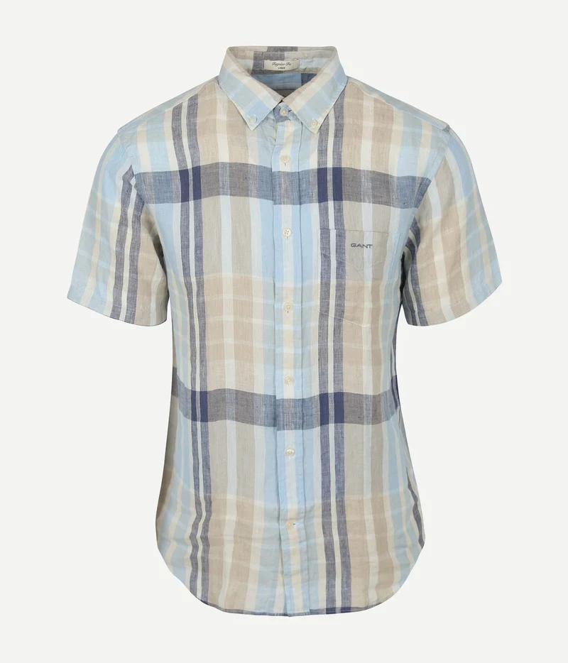 Gant korte mouwen overhemd linnen ruiten blauw | Regular-fit