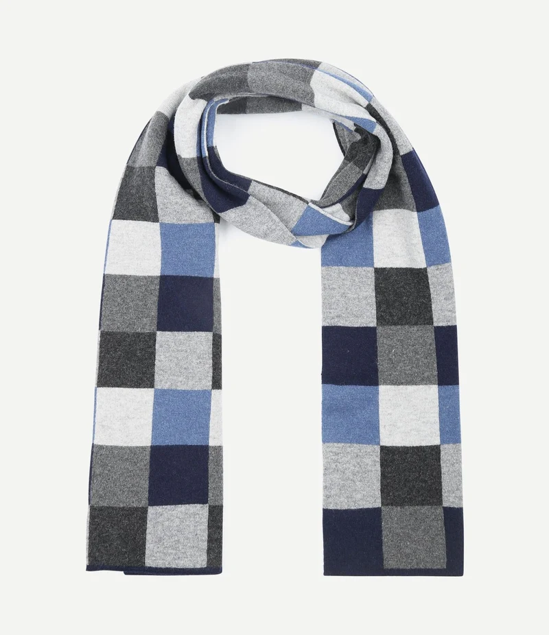 Sjaal wol ruiten blauw grijs