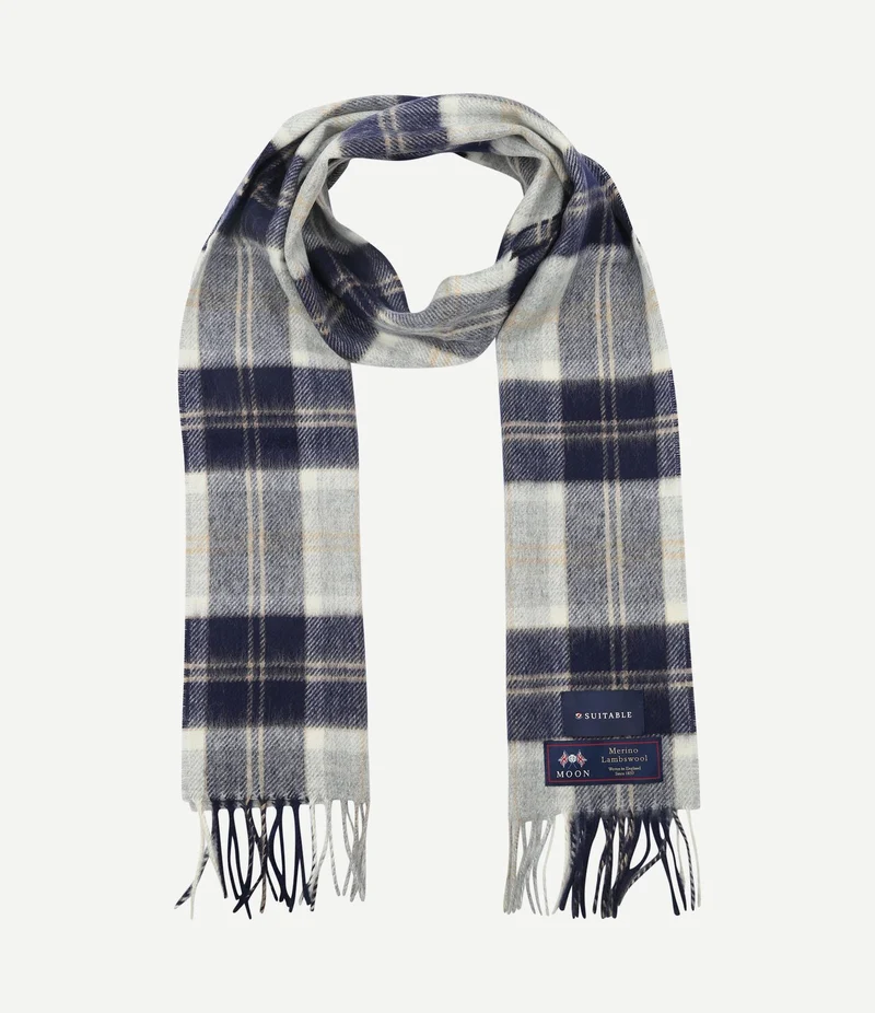 Sjaal ruit merino wol blauw grijs